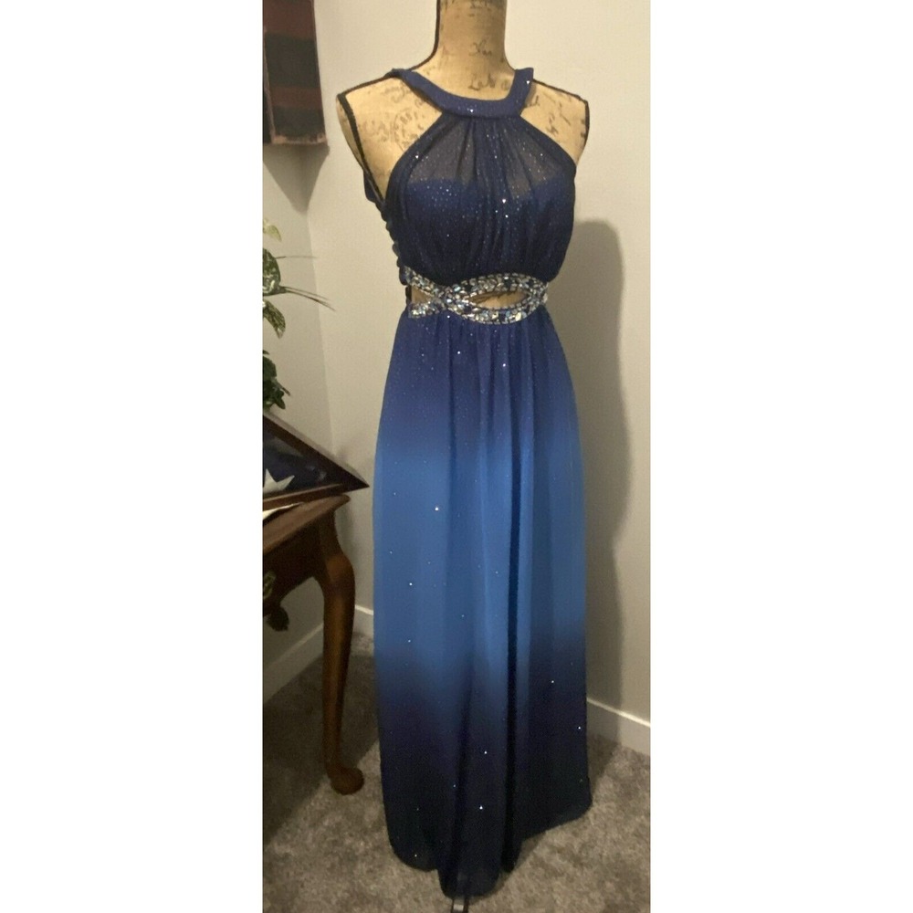 Xtraordinary Prom Dress Women Size 1 Blue Good Jeweled Cut-Out Ombre Maxi